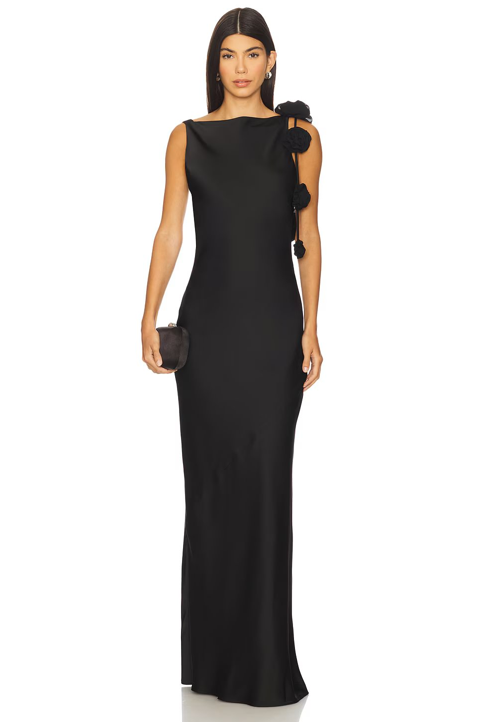 Lussooy Chic Black Evening Dress Backless Sleeveless in Satin with Flower