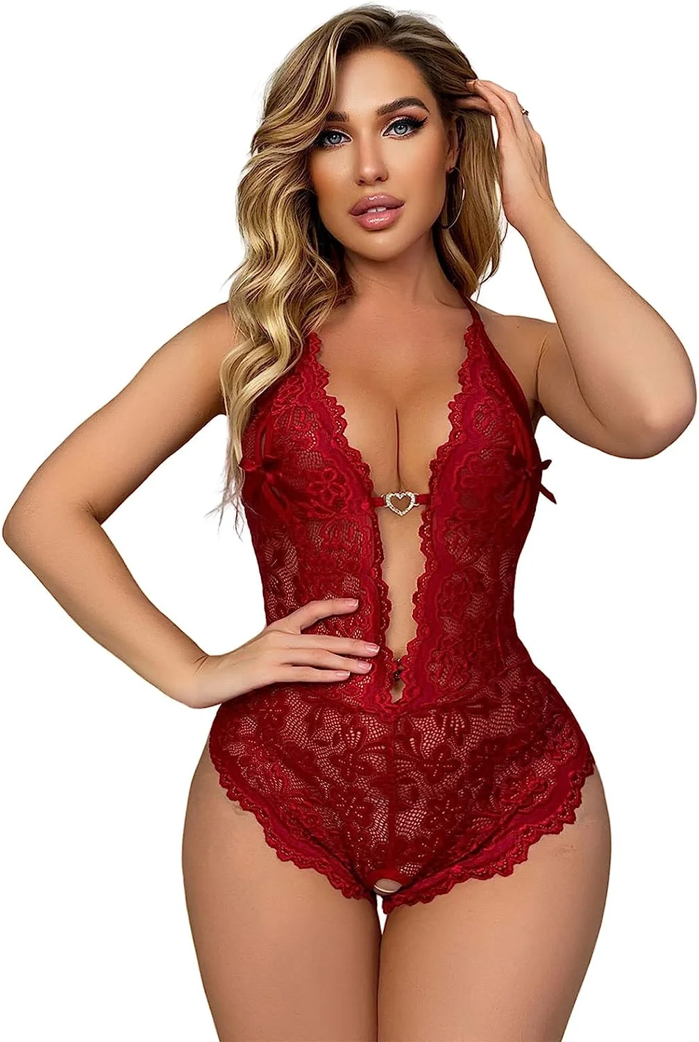 Women's Lace One Piece Sexy Deep V Floral One Piece Bra