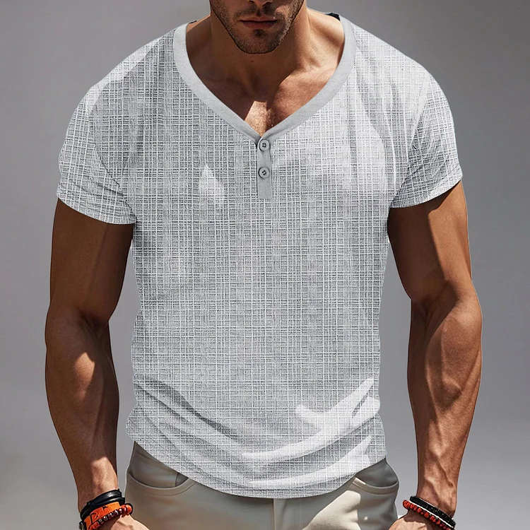 Casual V Neck Half Button Short Sleeve Henley Shirt 