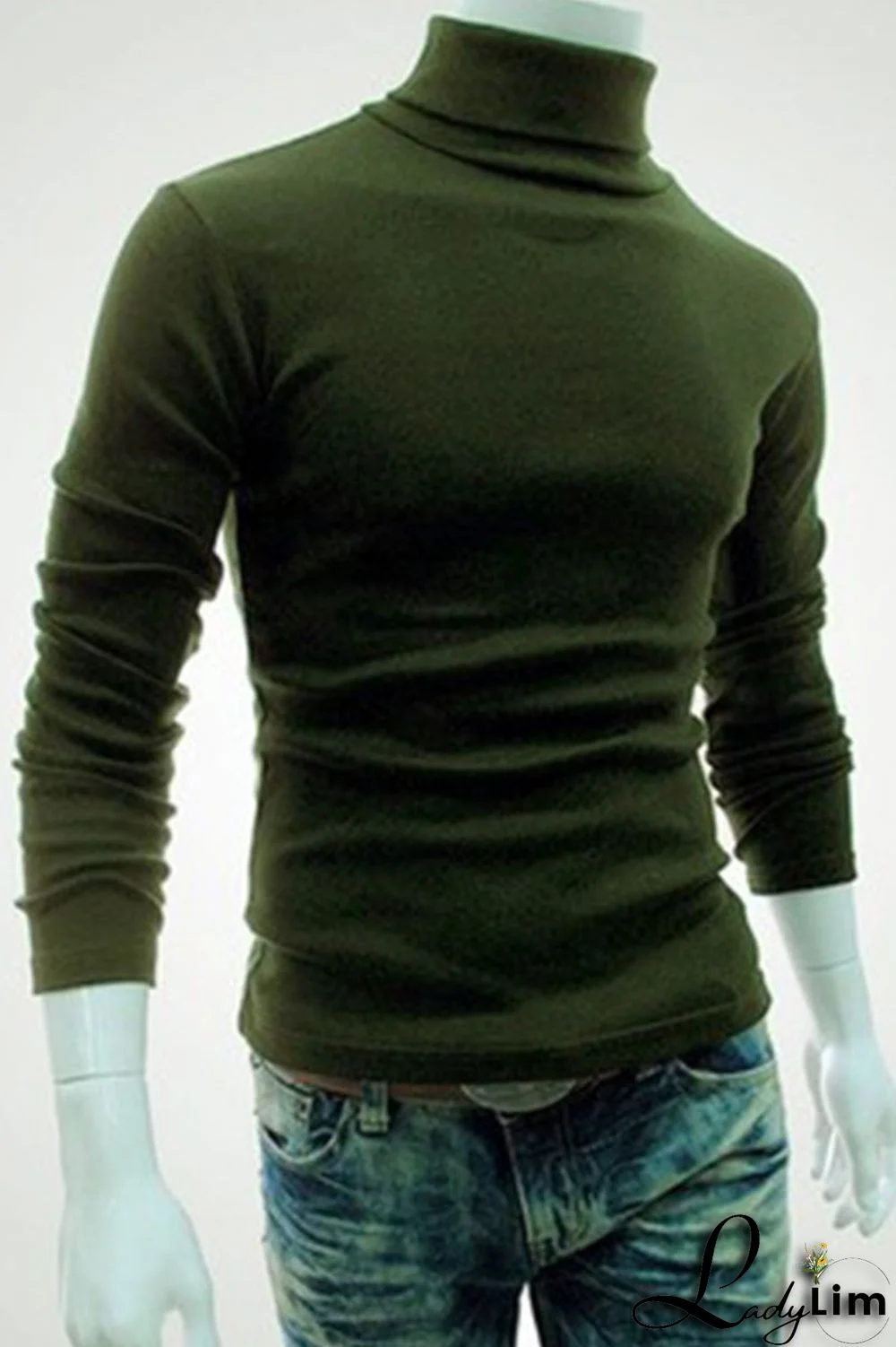 Army Green Casual Solid Split Joint Turtleneck Tops