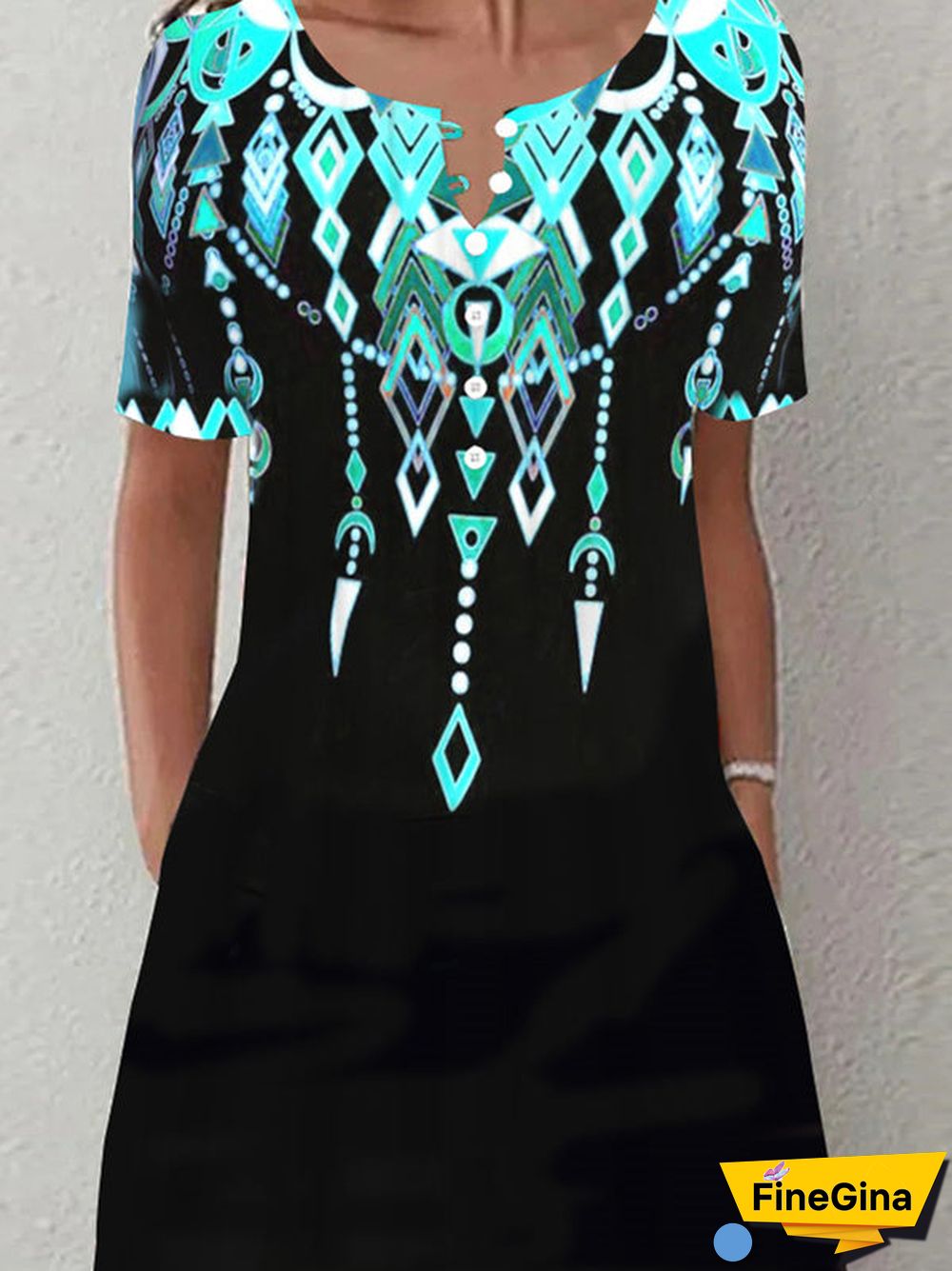 Women Short Sleeve V-Neck Floral Printed Pocket Midi Dress With Button