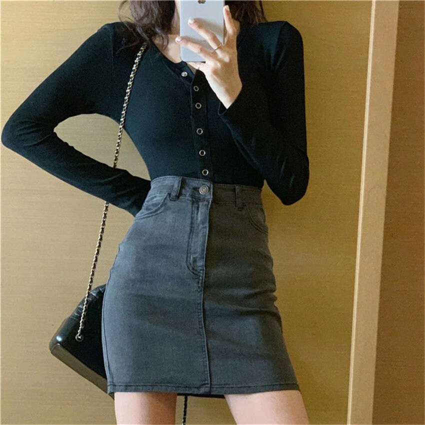 Tanguoant Sexy Black Gray Mini Denim Skirt Women Korean High Waist Jeans Skirt Streetwear Pencil Skirts Jupe Femme Faldas Mujer