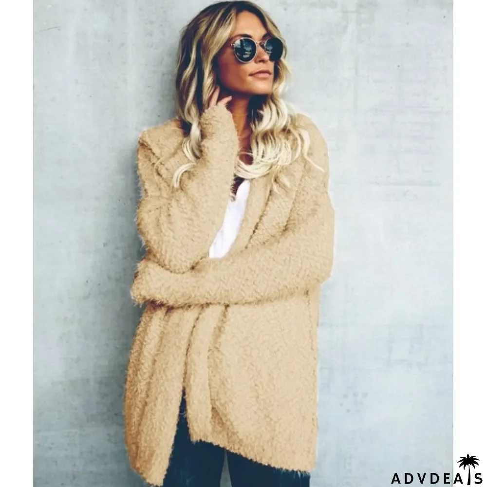 Autumn and winter women's fleece hooded cardigan top coat