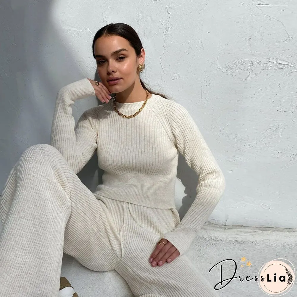 Women 2 Piece Sets Womens Outfits Women's Wide Legged Pants Long Sleeve Clear Color Warm Sweater Set Women Two Piece Set