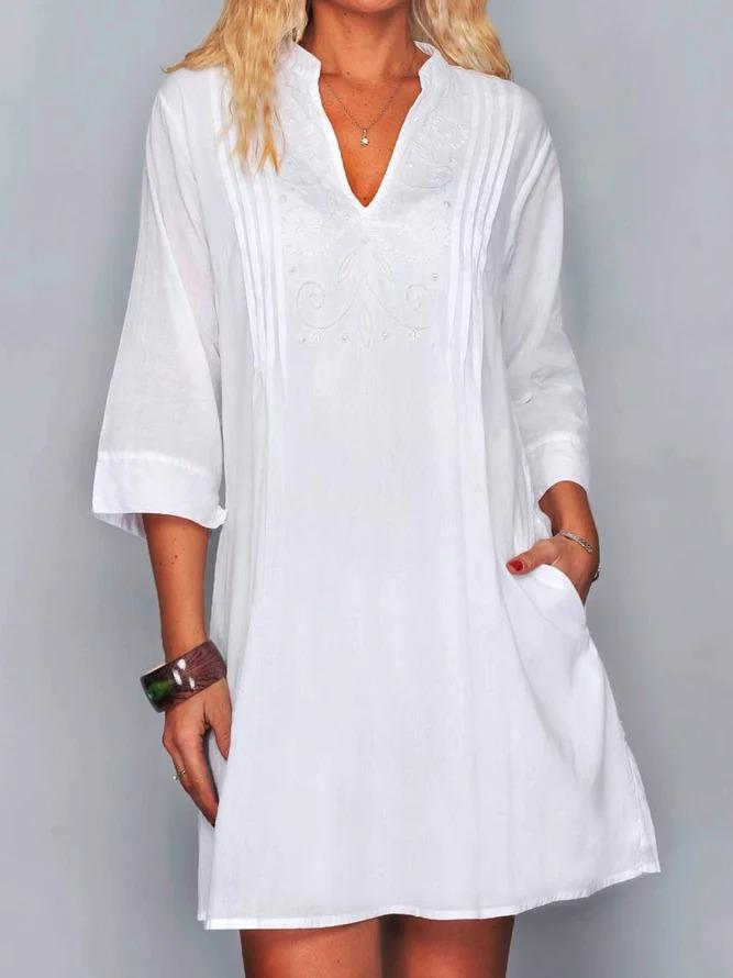 Embroidery Pockets Mini Dress White 3/4 Sleeve Dresses