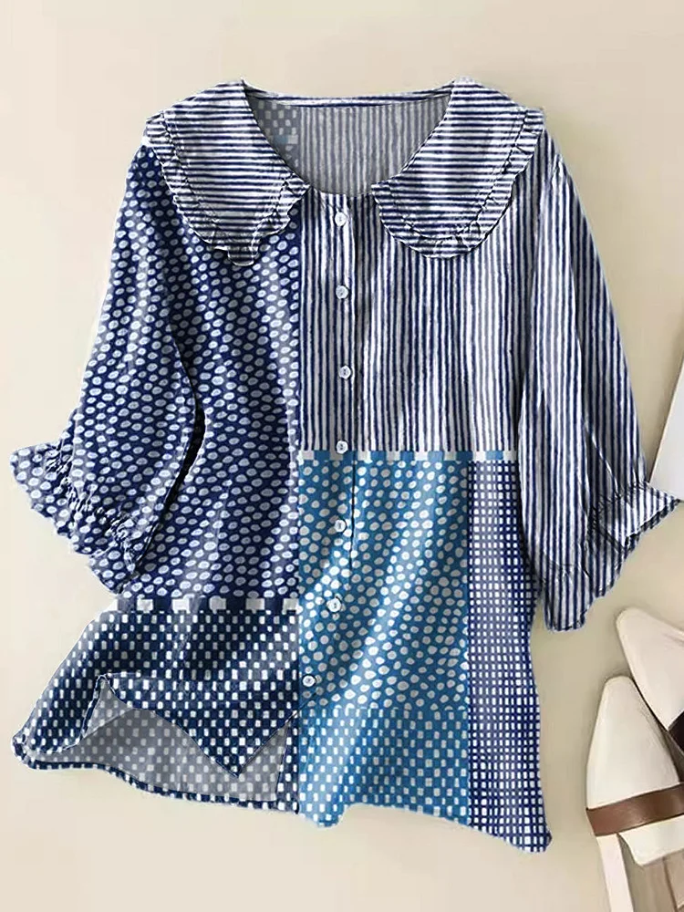 Women Retro Polka Dot Abstract Art Print Peter Pan Collar Half Sleeve Blouses
