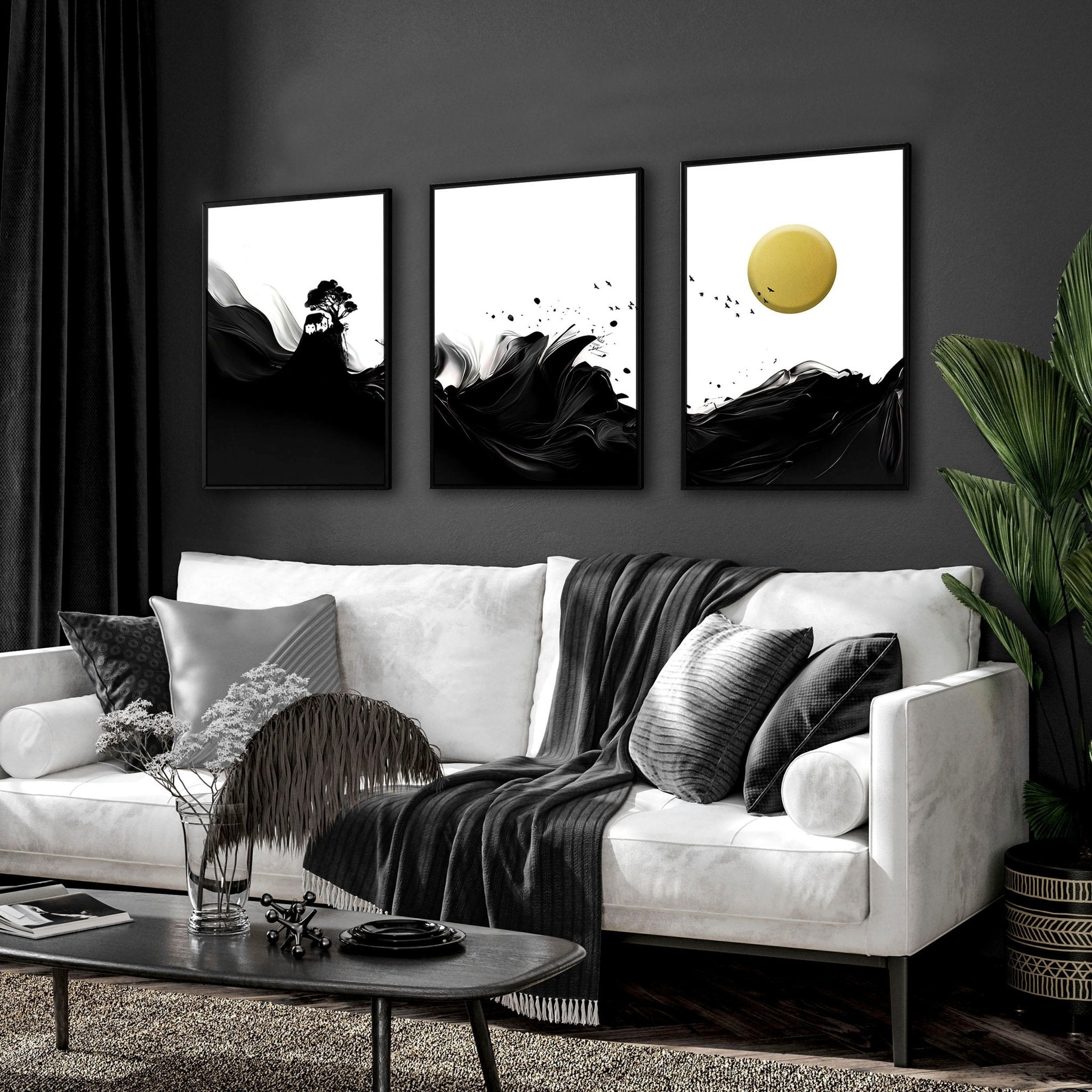 Black and white wall art | set of 3 Japanese Sunset art prints everthome