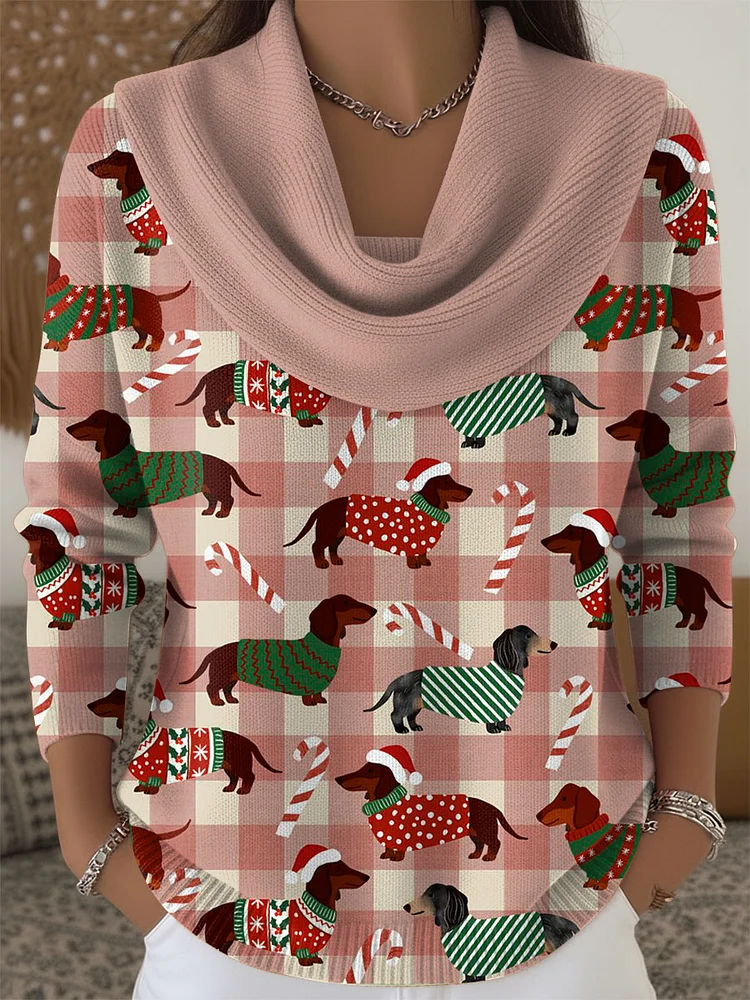 Women's Christmas Dachshund Pattern Print Cowl Neck Sweater