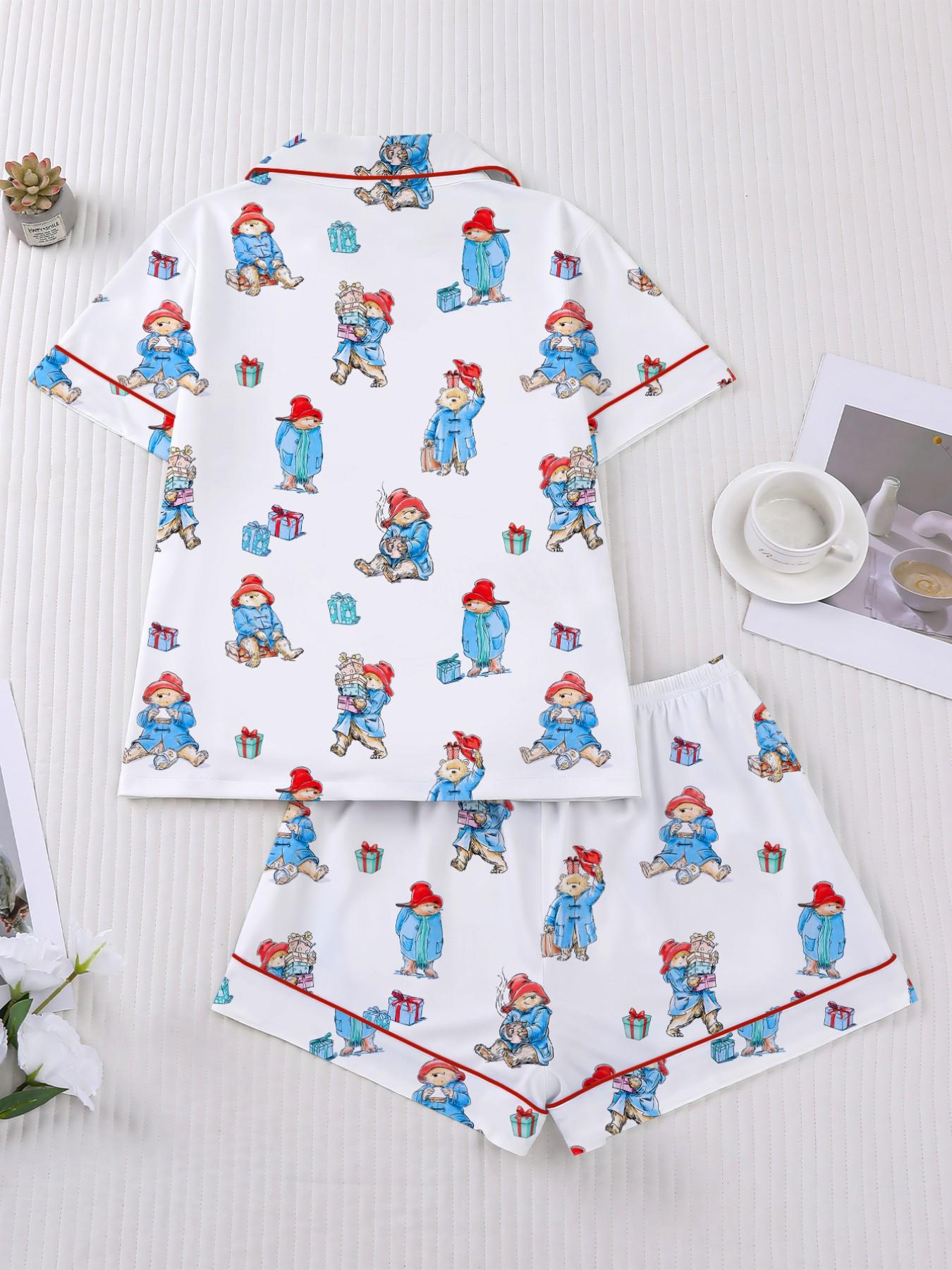 Women's Cute Bear Print Sleepwear Set, Short Sleeve Lapel Shirt & Loose Elastic Shorts, Casual All-Season Home Wear