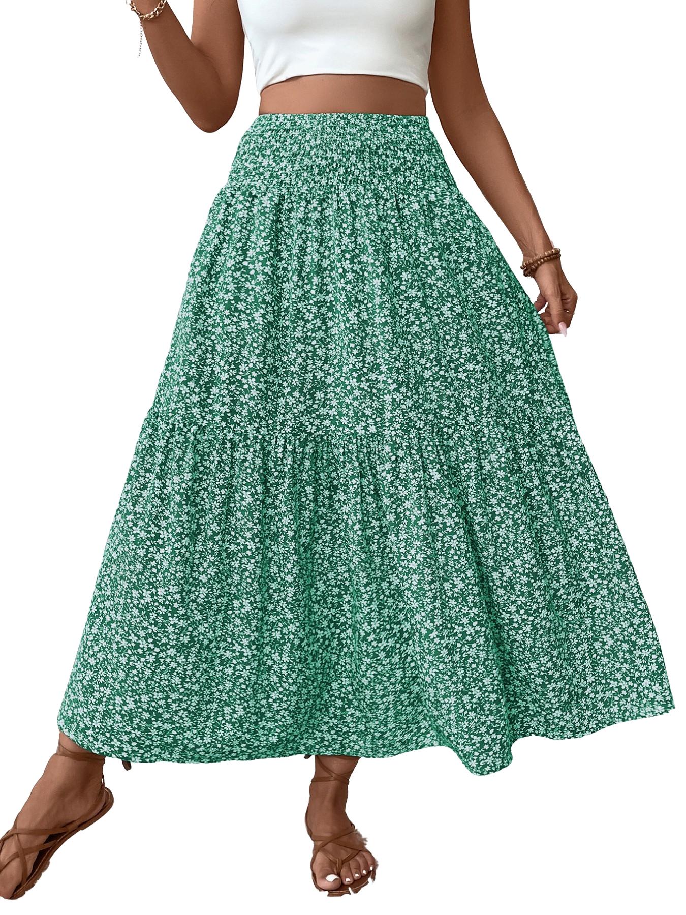 Women's Ditsy Floral Vintage Casual Vacation Layered A-Line Skirt, Elegant Long Skirt for Spring & Fall, All over Print Fitted Style