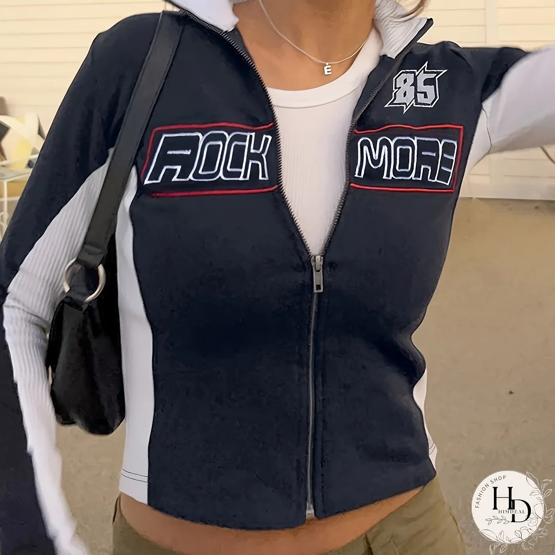 Color Block Letter Print Jacket, Y2K Crop Long Sleeve Zip Up Jacket, Women's Clothing
