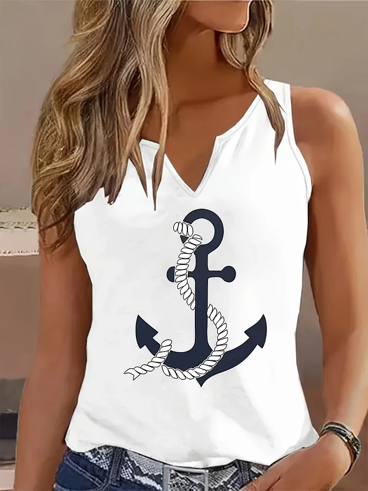 Women's White Nautical Anchor V-Neck Tank Top - Casual Summer Sleeveless Shirt With Rope Detail, Casual Outing Apparel | Anchor Print Top | Polyester Fabri