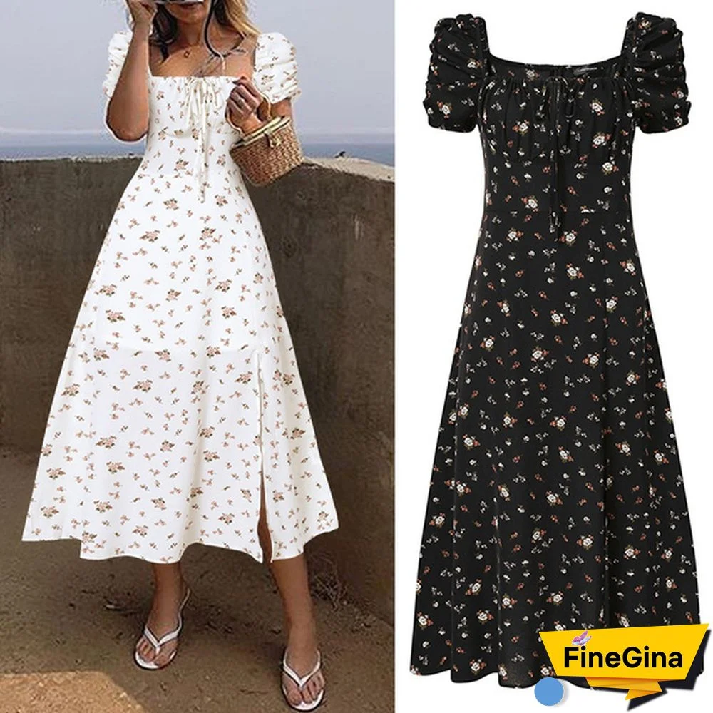 Women Summer Puff Short Sleeves Maxi Dress Floral Print Bohemian Square Collar Party Casual Long Dresses Plus Size