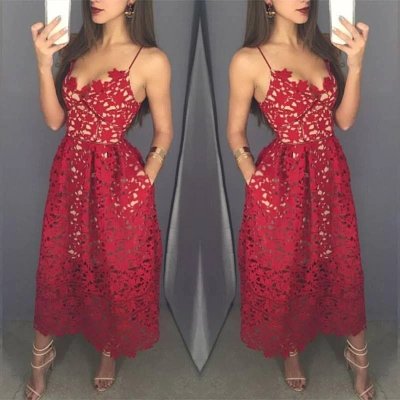 Red Lace Tea Length Prom Dress, Fashion Girl Dress