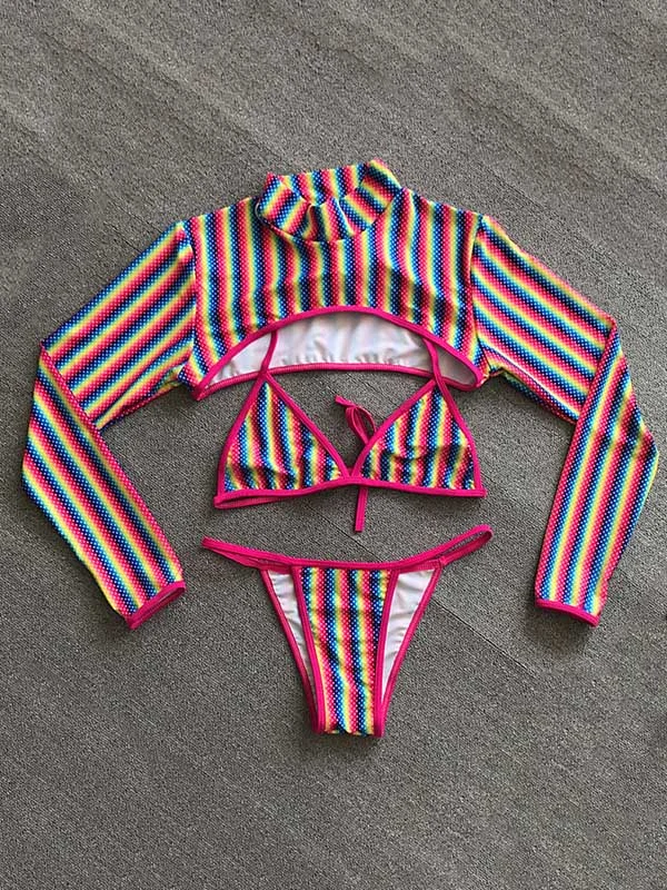 Rainbow Striped Cover-Ups Tops+Triangles Split Bikini Swimsuit Three-Piece Set