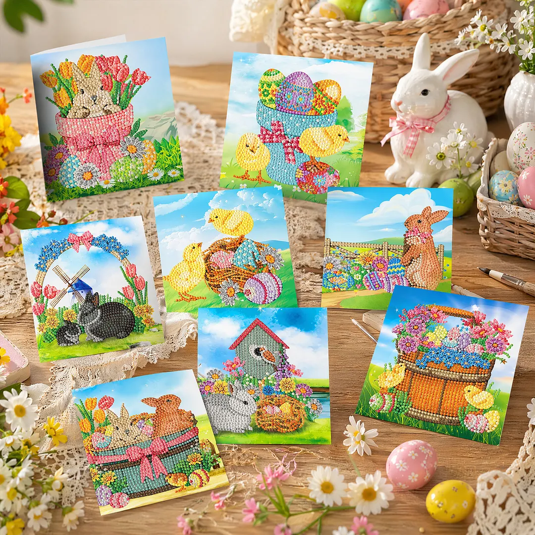 8PCS Chick Rabbit DIY Diamond Painting Greeting Card Kits with Envelopes Diamond Art Greeting Cards Diamond Art Cards Kits for Adults DIY Crafts Family Friend Gifts