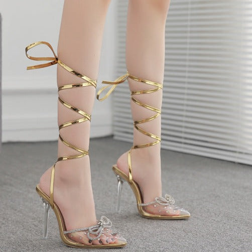 Luxury rhintestone bowknot pointed toe lace-up stiletto heels for party crystal crisscross ankle tie-up heels