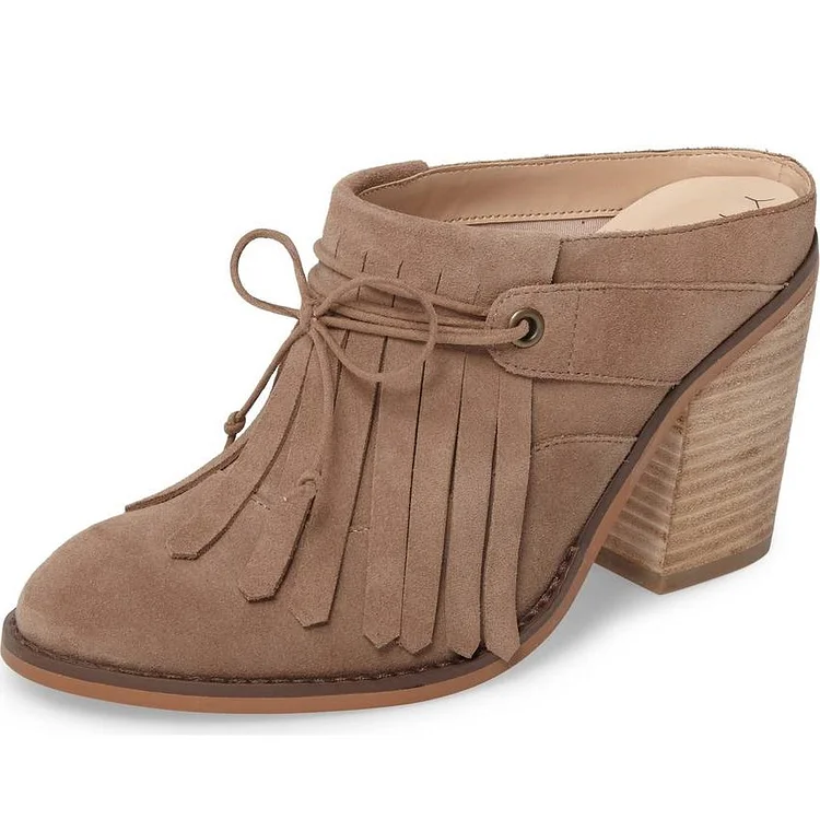 Women's Brown Wood Block Heels Mule Round Toe Lace up Fringe Pumps |FSJ Shoes