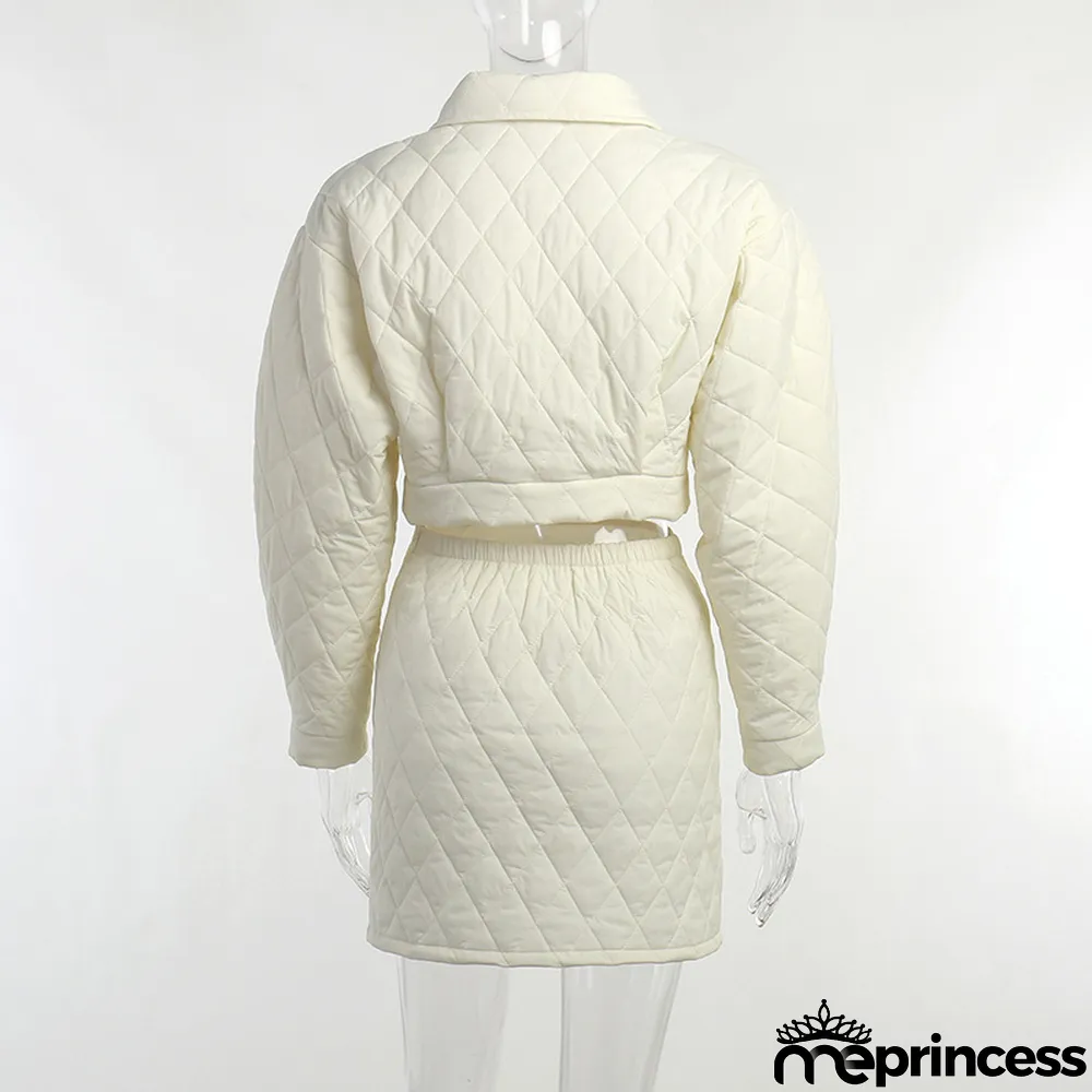 Women Turndown Collar Long Sleeve Diamond Padded Jacket and Skirt Two Piece