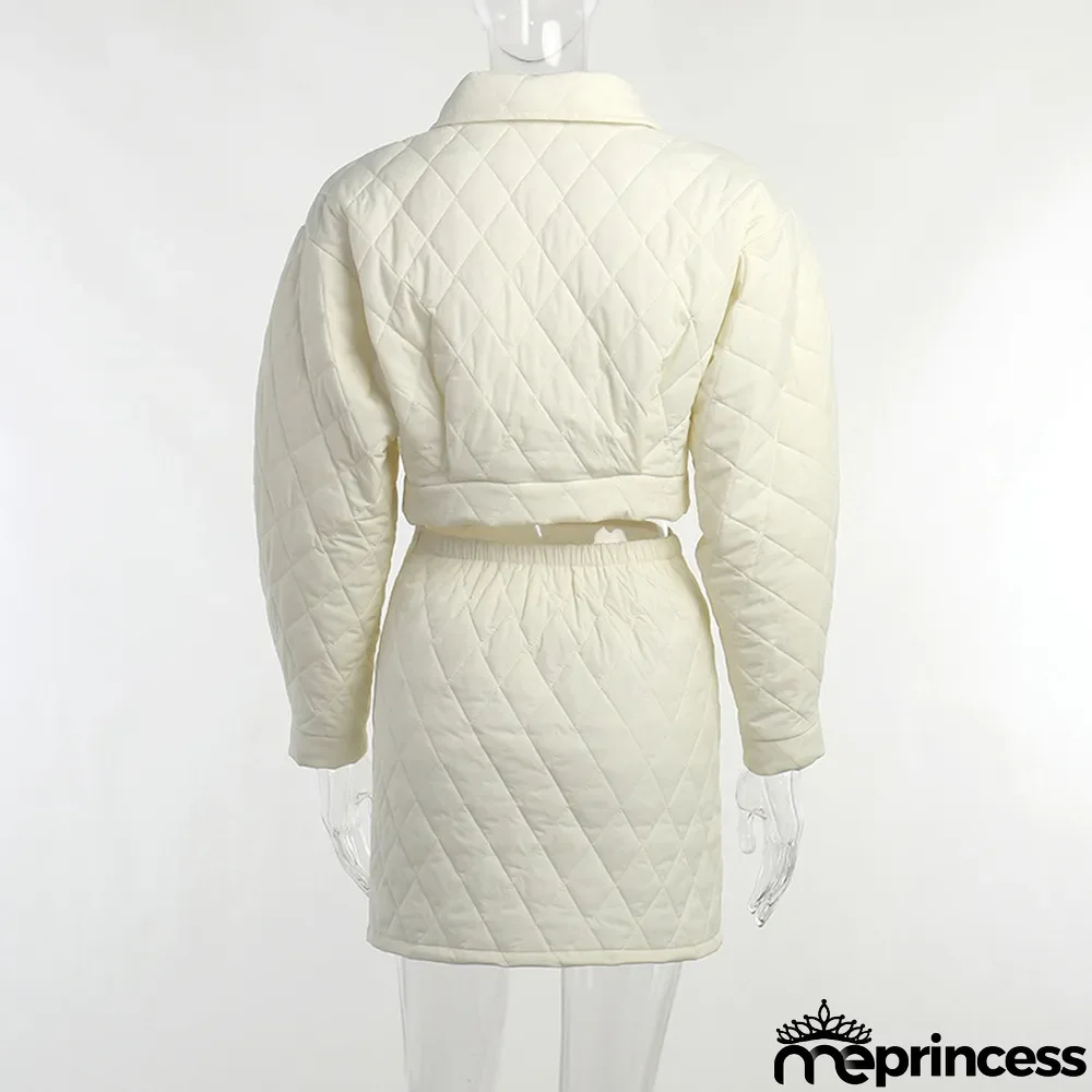 Women Turndown Collar Long Sleeve Diamond Padded Jacket and Skirt Two Piece