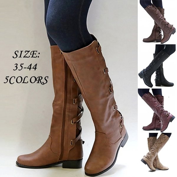 Women Fashion Winter Low Heel Belt Buckle Riding Leather Boots Knee High Cowboy Long Boot Retro Winter Long Boots Plus Size （35-44） - Life is Beautiful for You - SheChoic