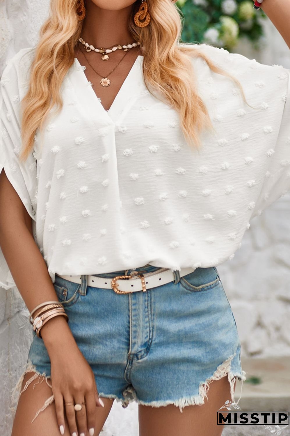 Swiss Dot Notched Half Sleeve Blouse