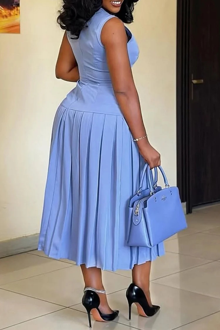 Plus Size Business Casual Blue Elegant Round Neck Fold Pleated Midi Dresses [Pre-Order]