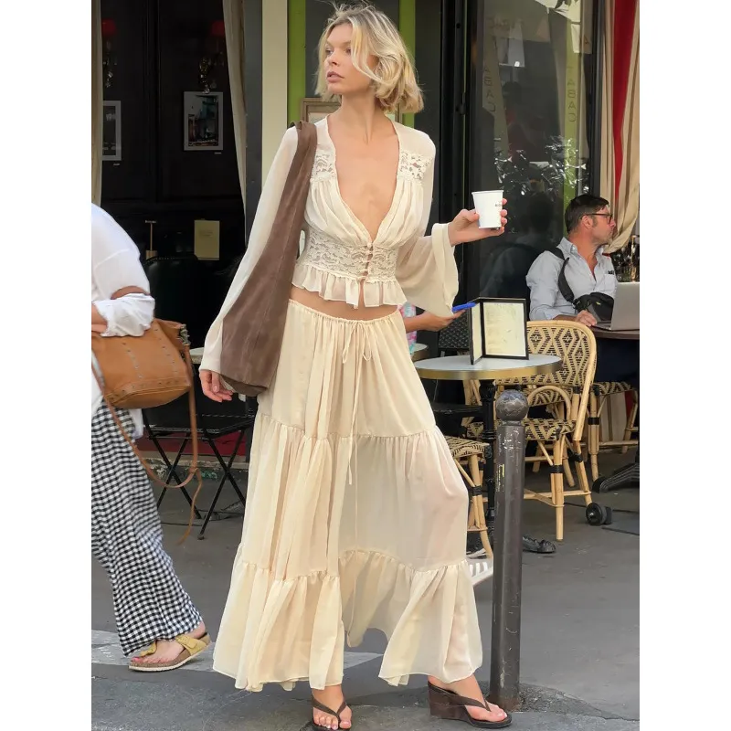 Women Matching Flowy Linen Look Lace Spliced V-Neck Long Sleeve Chiffon Tiered Skirt Two Piece Casual Daily Outfit Set