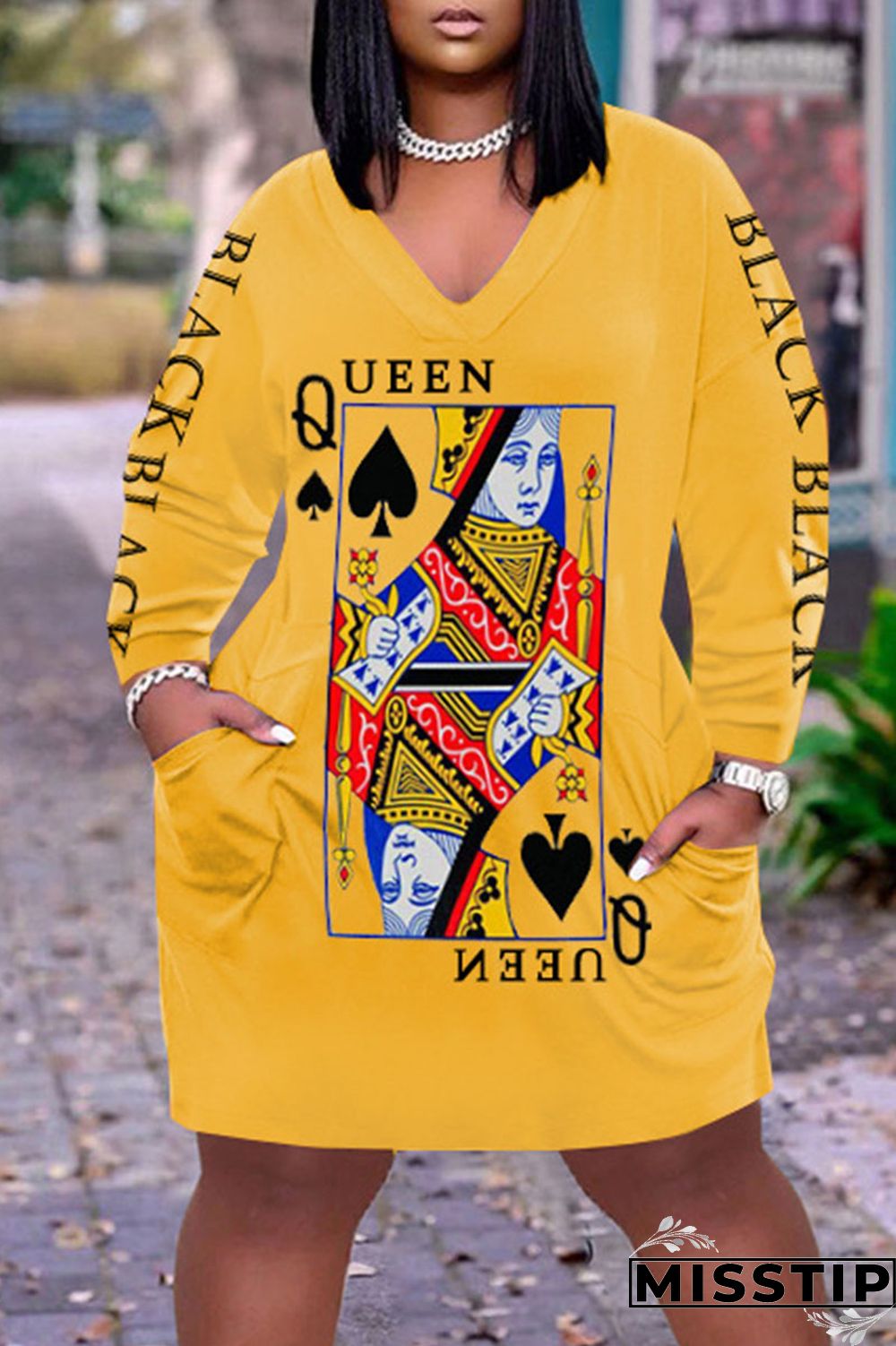 Dark Brown Casual Print Patchwork V Neck Long Sleeve Dresses