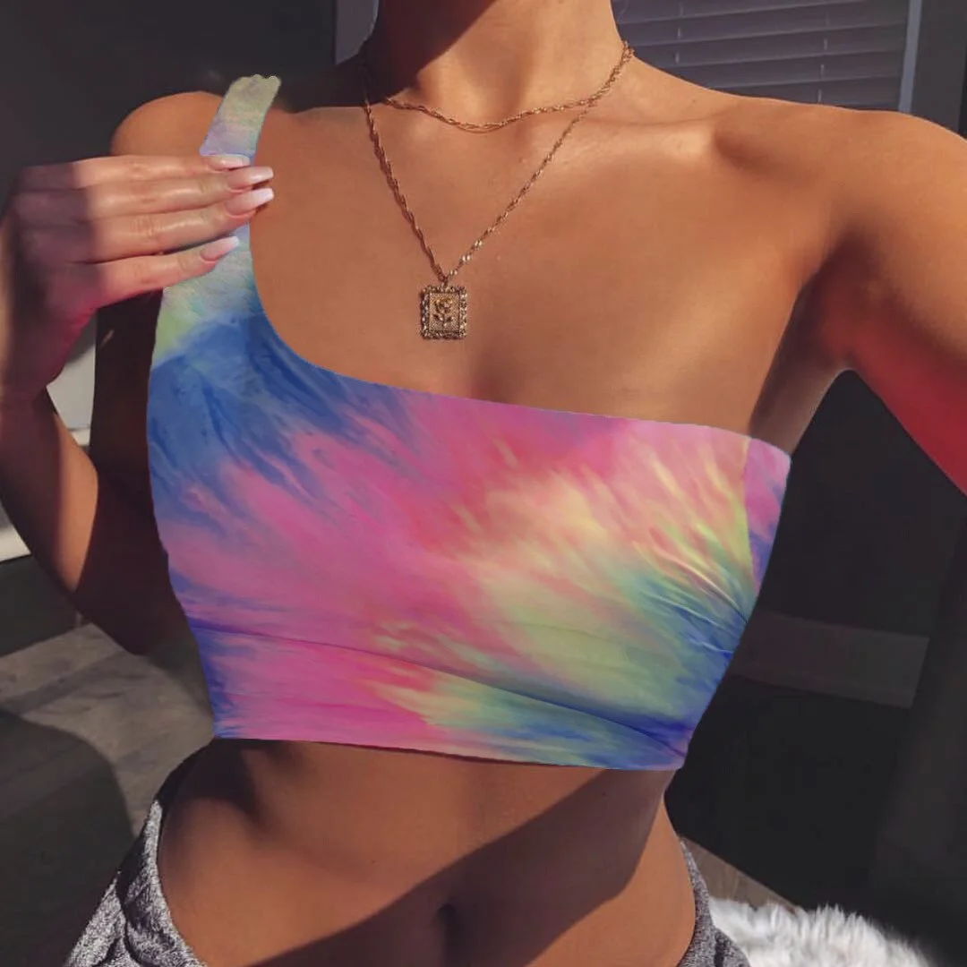 2023 Women's Summer One Shoulder Tank Tops tie-dyed Print Sleeveless Vest Crop Top Tanks  Ladies Slim Fit Exercise Yoga Tops