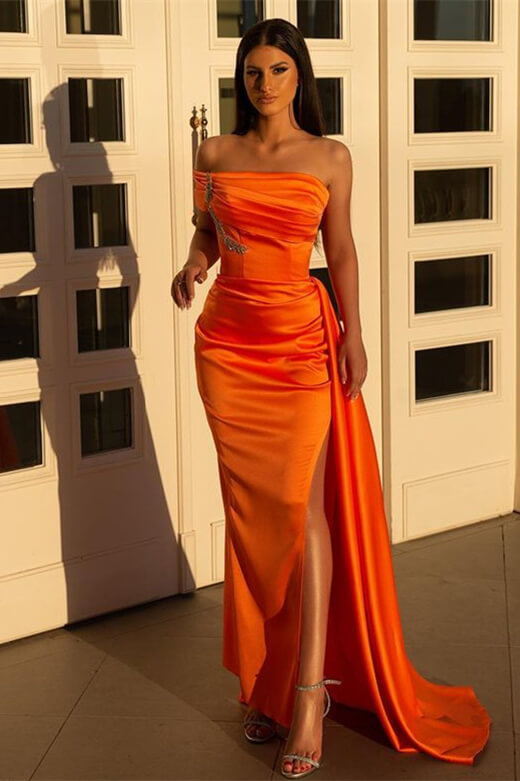 Luluslly Off-the-Shoulder Orange Evening Dress Mermaid Slit WIth Ruffle