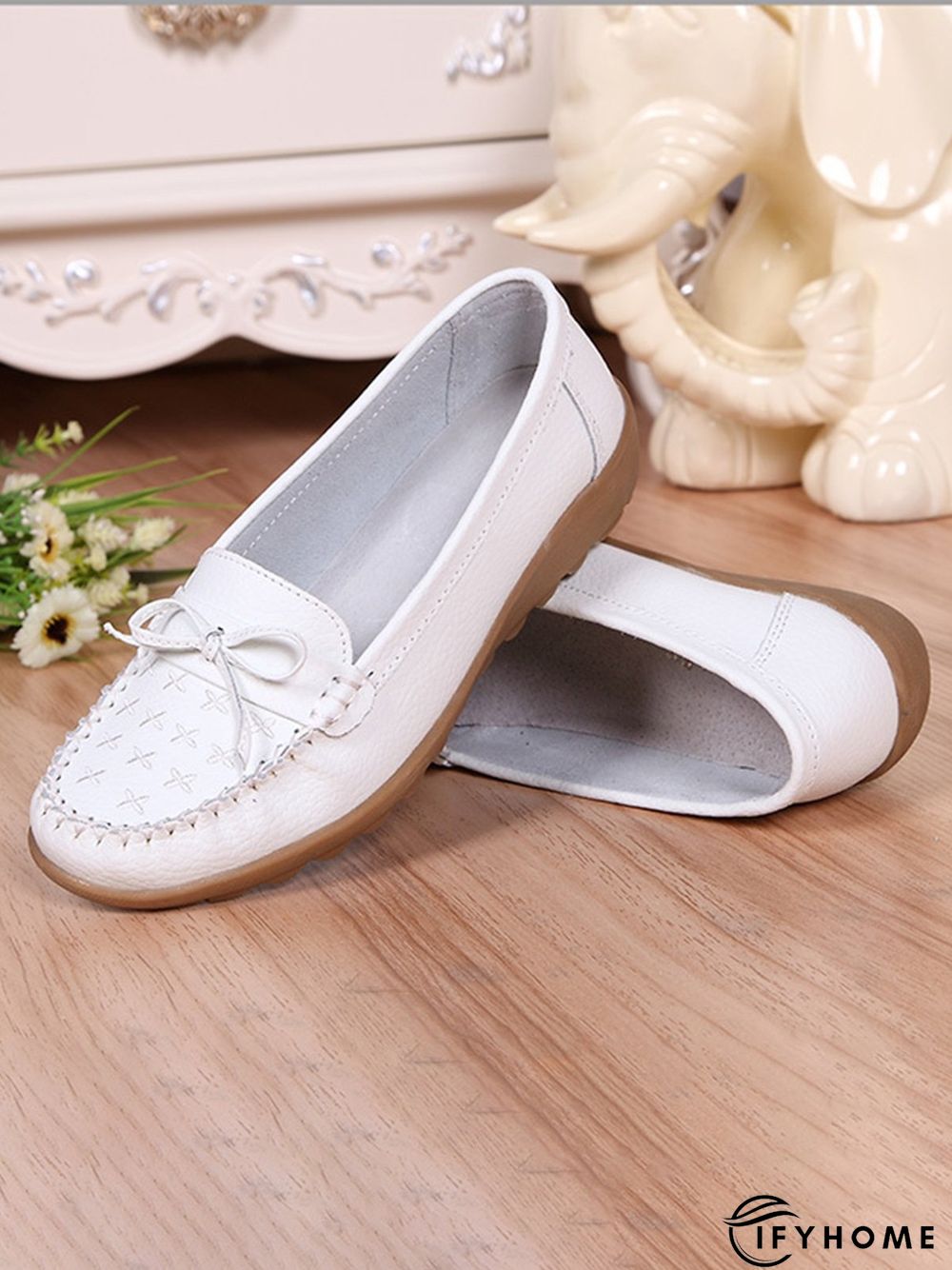 Bow Decor Moccasin Comfy Sole Flat Peas Shoes | IFYHOME