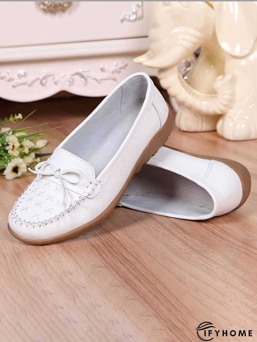 Bow Decor Moccasin Comfy Sole Flat Peas Shoes | IFYHOME
