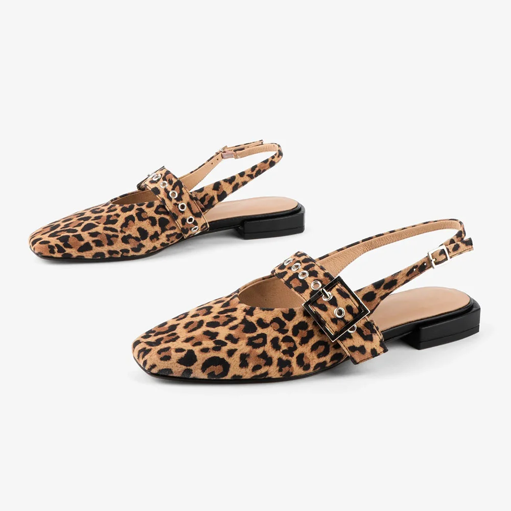 Brown & Black Square Toe Leopard Print Slingback Flats with Grommet
