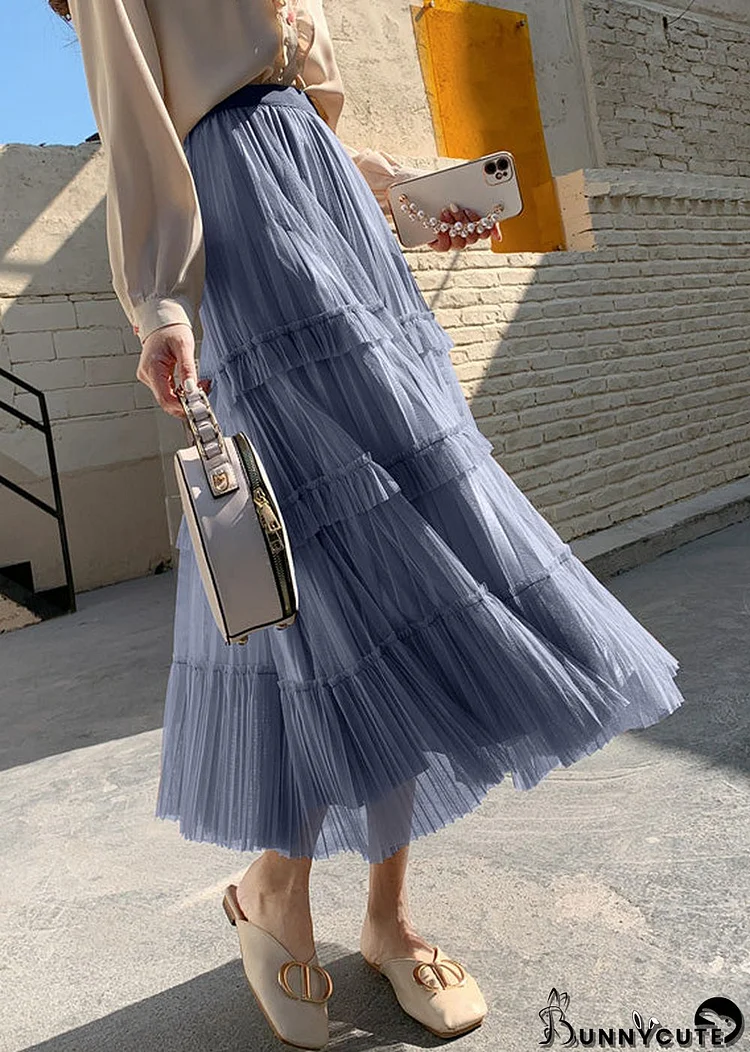 Bohemian Grey Blue High Waist Wrinkled Tulle Cake Skirt Spring