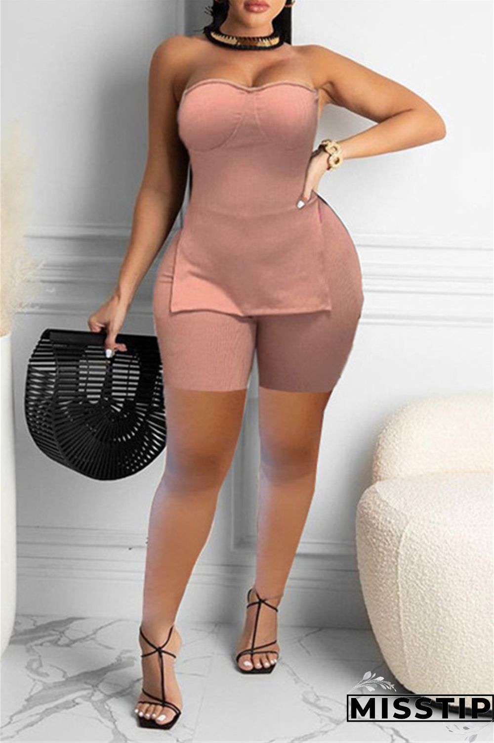 Coral Powder Sexy Casual Solid Backless Slit Strapless Sleeveless Two Pieces