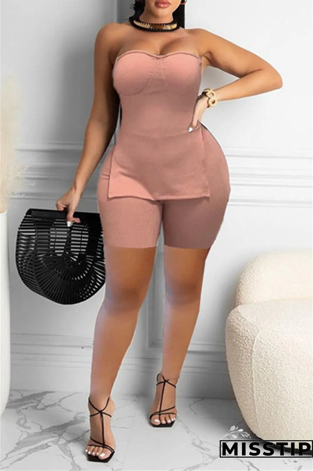 Coral Powder Sexy Casual Solid Backless Slit Strapless Sleeveless Two Pieces
