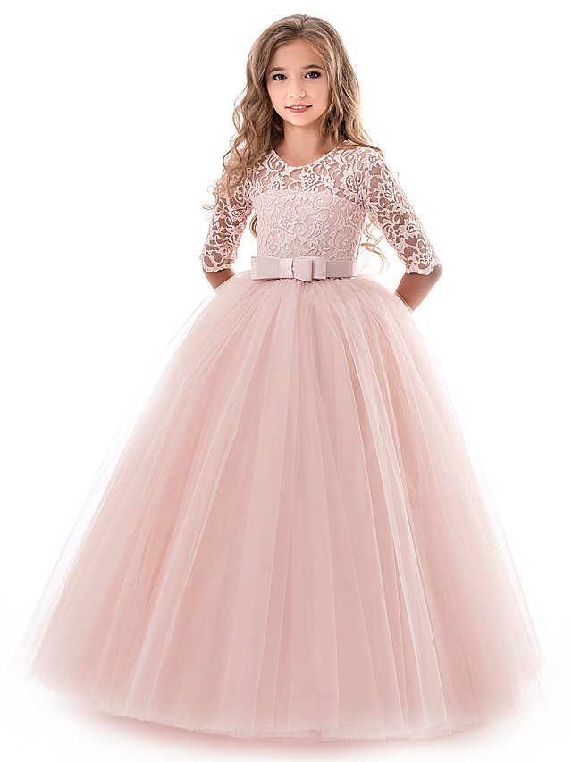 Luluslly Princess Half Sleeve Jewel Neck Long Length Flower Girl Dresses Lace Tulle With Lace Belt