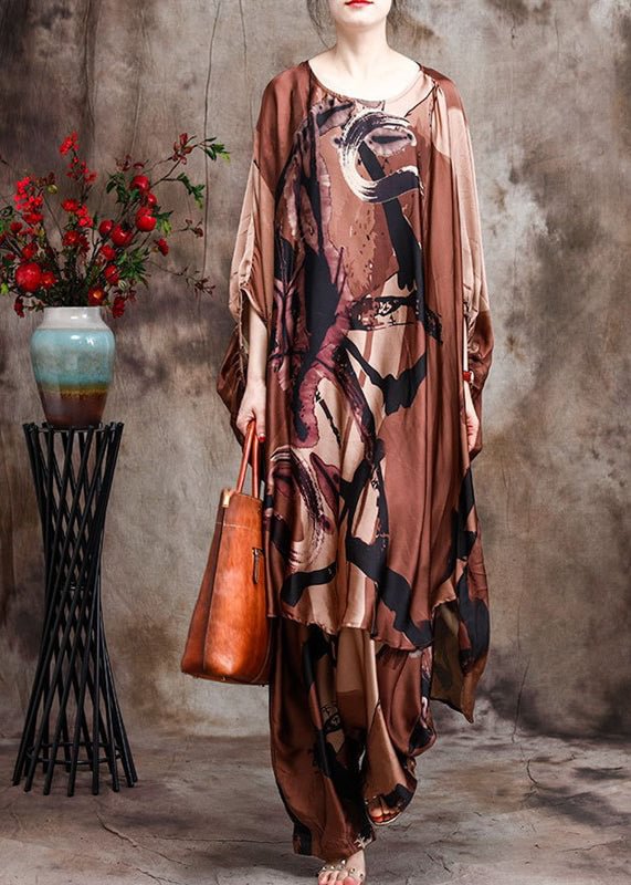 Baggy Coffee Print Silk Dress And Wide Leg Pants Two Piece Suit Set Batwing Sleeve