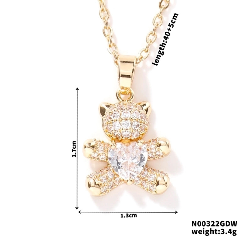 304 Stainless Steel Copper Rhodium Plated Inlay Bear Heart Shape Glass Zircon Pendant Necklace