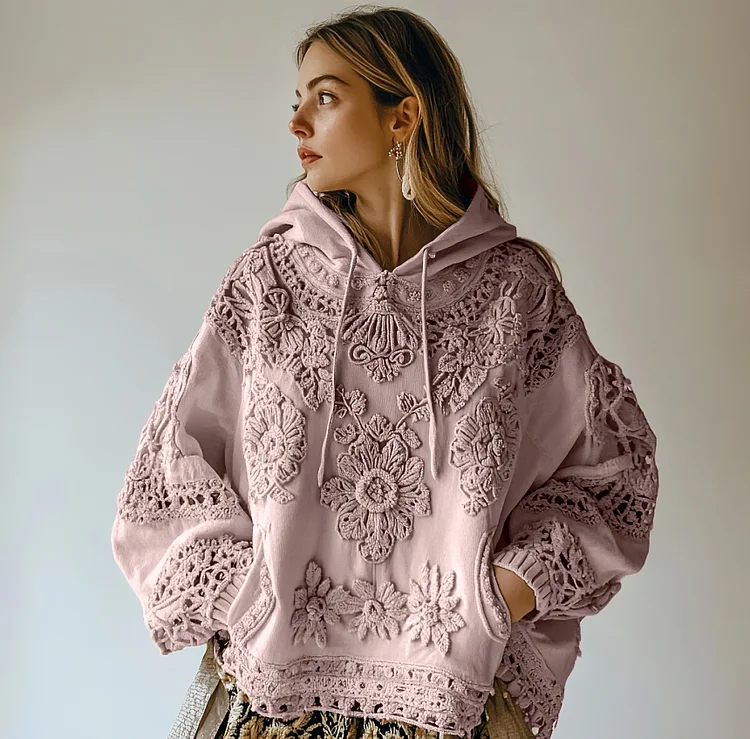 Women's Floral Embroidery Art Casual Cozy Hoodie