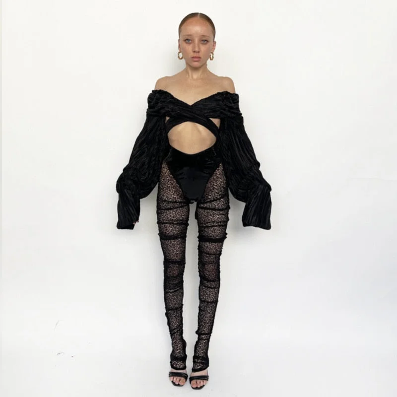 BIIKPIIK Fashion Women's Clothes Shiny PU Style Pencil Pant Patchwork See-through Sexy Casual Long Trousers High Street Clubwear