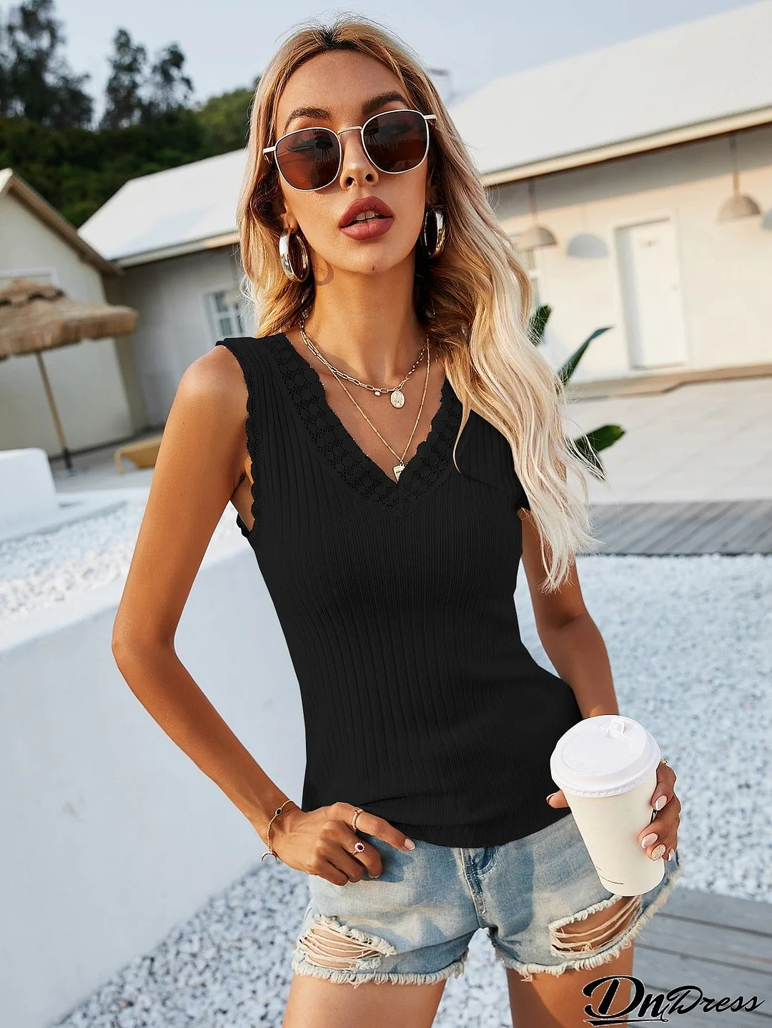 Lace Trim V-Neck Ribbed Knit Tank