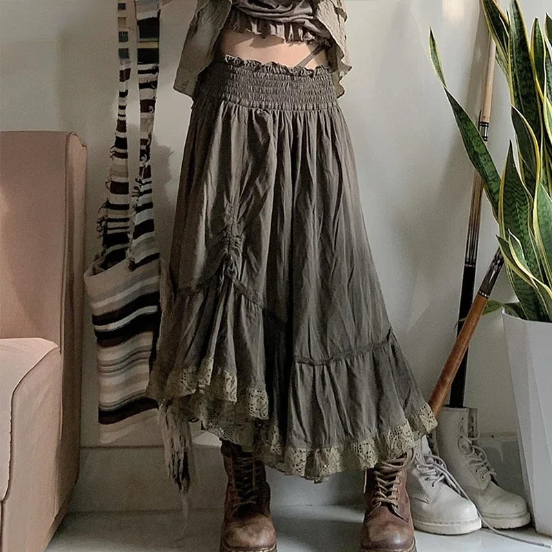 Huibahe Fairycore Pleated Skirts Ruffles Shirring Lace Trim Cute Midi Skirts Women Holiday Prepply Chic Skirts Korean Harajuku