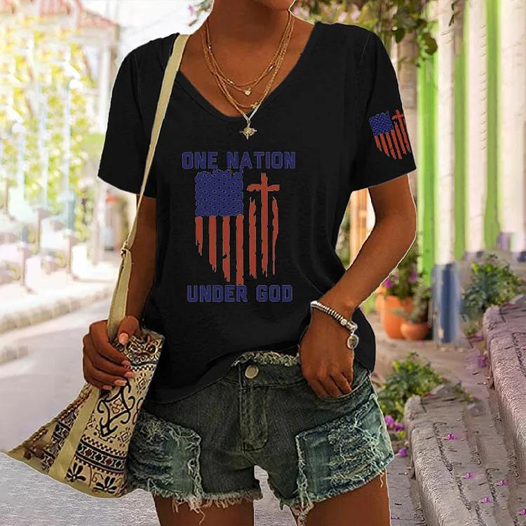 Comstylish Women's Independence Day Flag One Nation Under God Print Casual T-Shirt