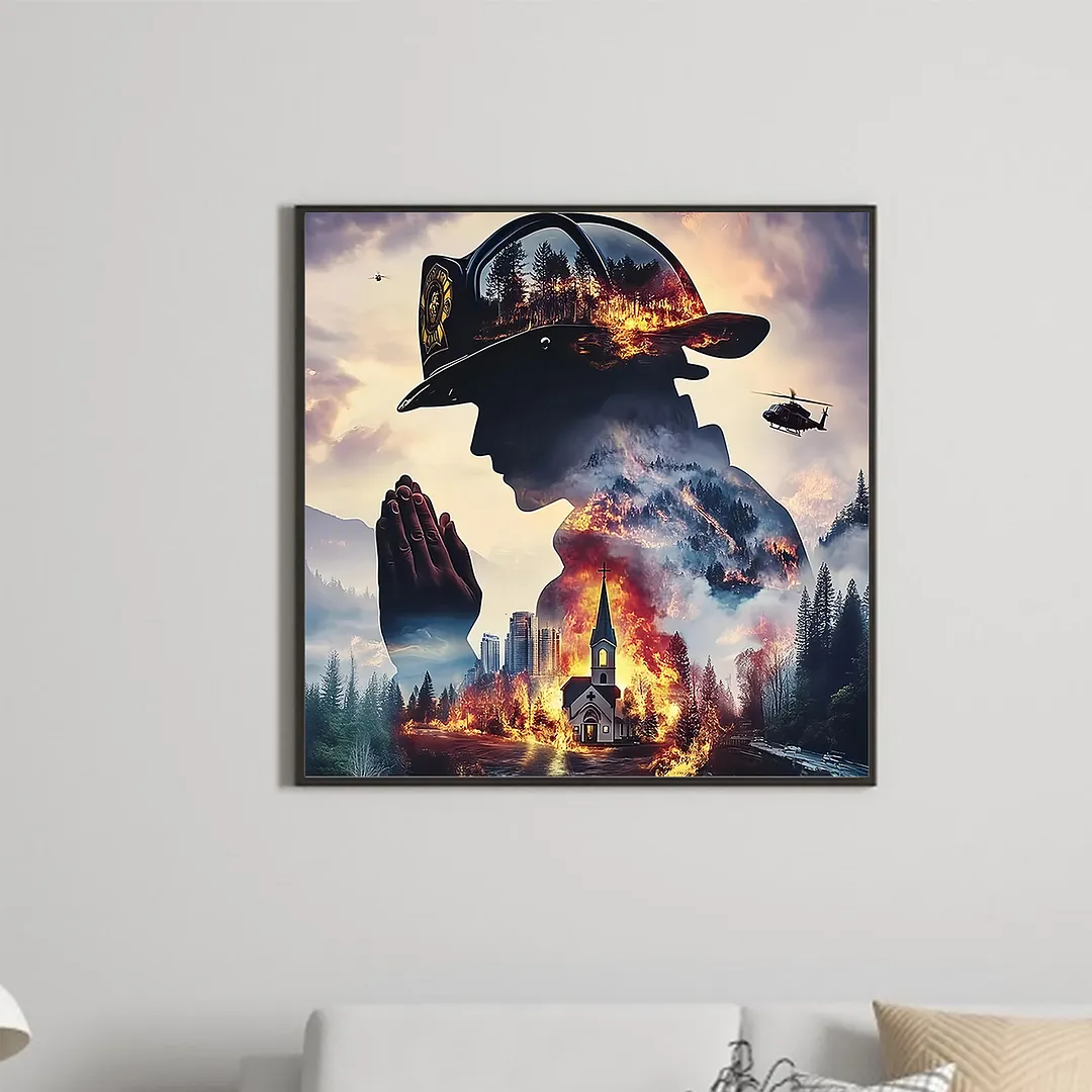 Firefighter Silhouette Full DIY 5D Round Drill Diamond Painting Kits for Adults/Beginners Gift Idea Home Decor Diamond Dots Paintings Picture Arts Craft 40x40cm