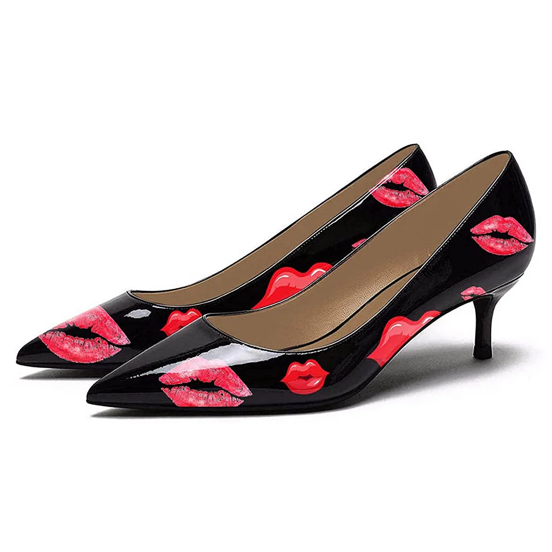Chic Black & Red Kiss Print Kitten Heel Pumps with Pointed Toe