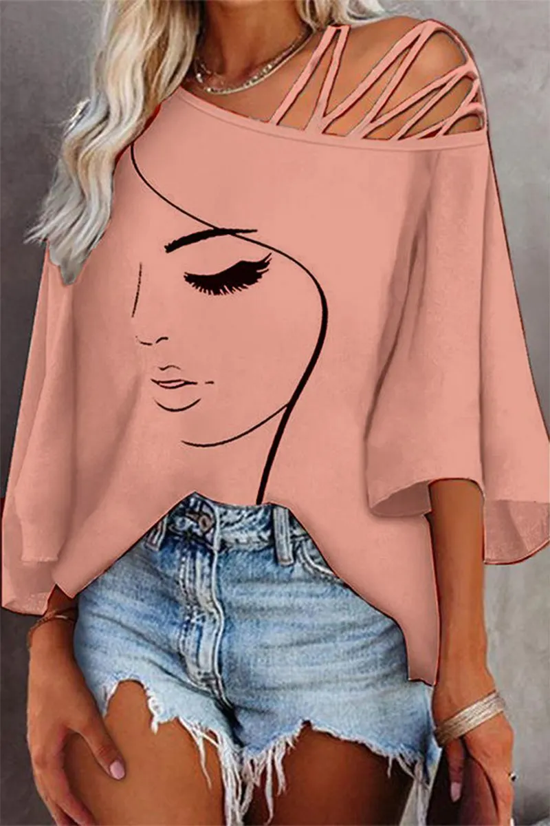 Figure Print Hollow Out Asymmetrical Neck Blouse