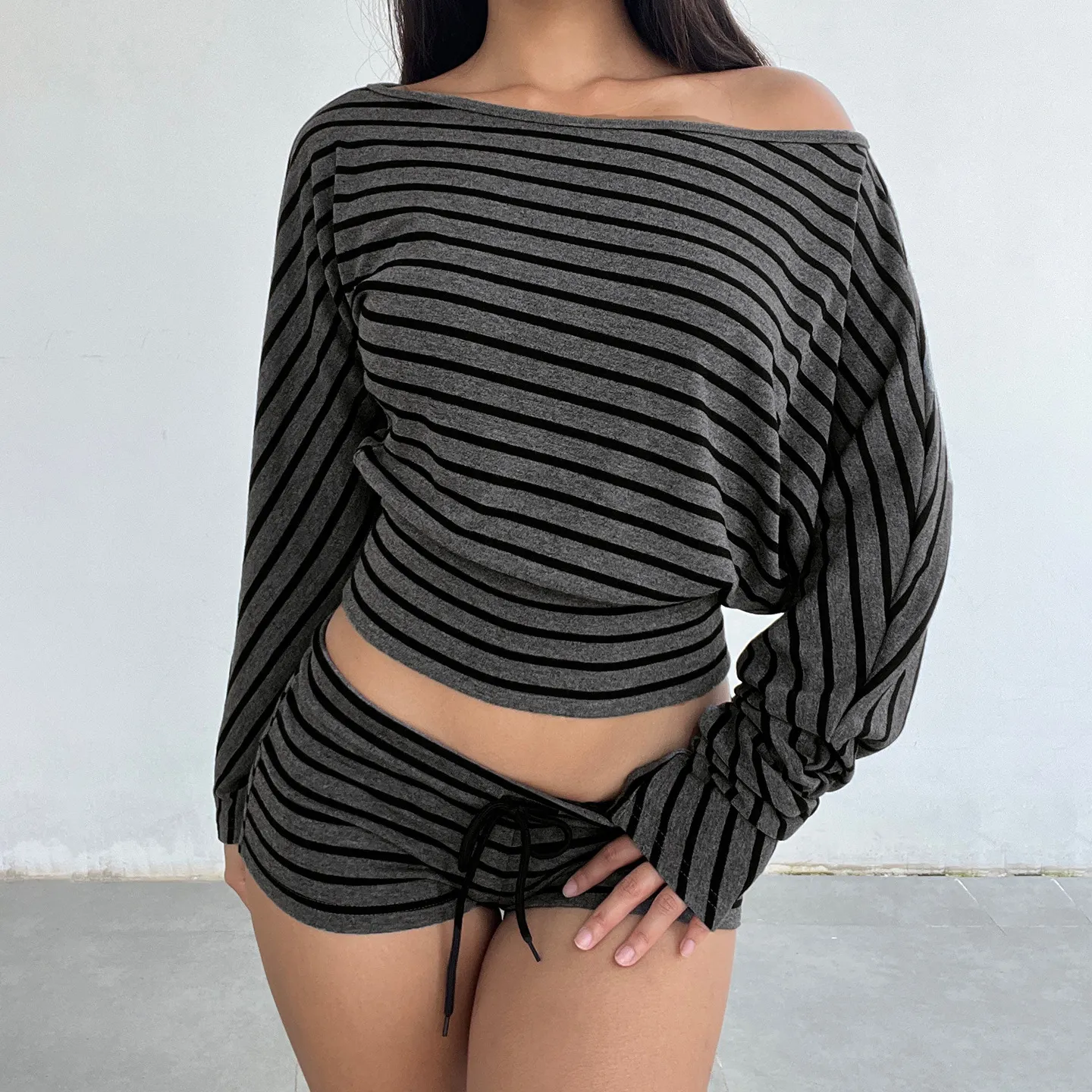 Women's Striped Off-Shoulder Loungewear Set