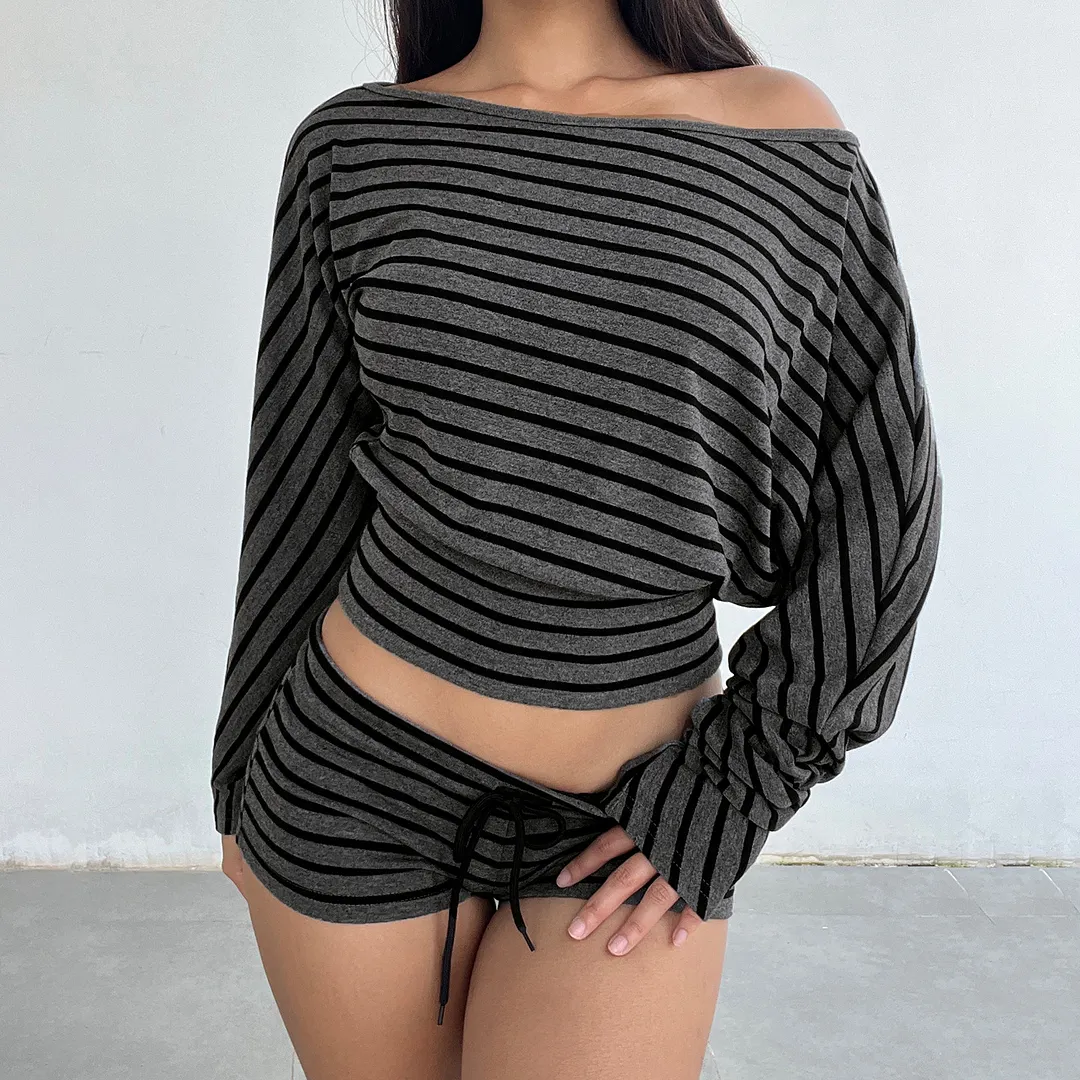 Women's Striped Off-Shoulder Loungewear Set